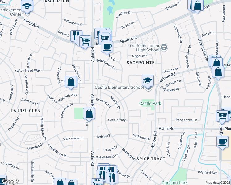 map of restaurants, bars, coffee shops, grocery stores, and more near 2901 North Half Moon Drive in Bakersfield