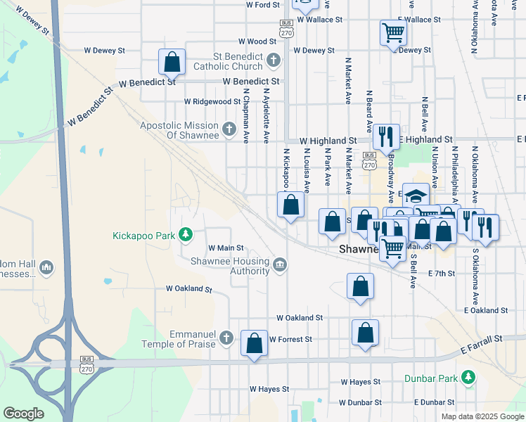 map of restaurants, bars, coffee shops, grocery stores, and more near 204 North Aydelotte Avenue in Shawnee