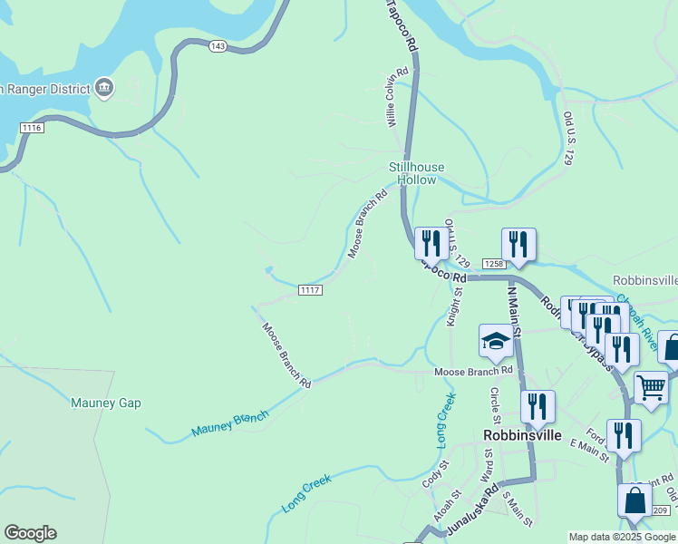 map of restaurants, bars, coffee shops, grocery stores, and more near 1089 Moose Branch Road in Robbinsville