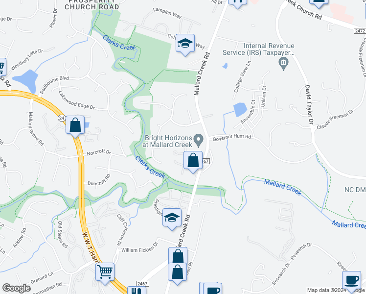 map of restaurants, bars, coffee shops, grocery stores, and more near 3103 Summercroft Lane in Charlotte