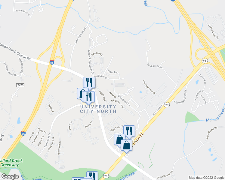 map of restaurants, bars, coffee shops, grocery stores, and more near 11138 Hyde Pointe Court in Charlotte