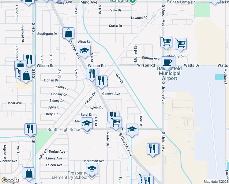 map of restaurants, bars, coffee shops, grocery stores, and more near 708 Geneva Avenue in Bakersfield