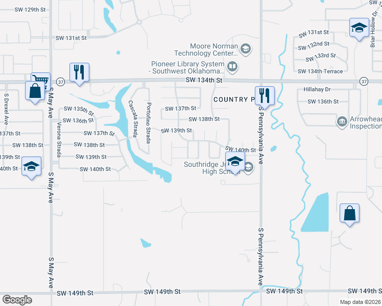map of restaurants, bars, coffee shops, grocery stores, and more near 2400 Southwest 141st Terrace in Oklahoma City
