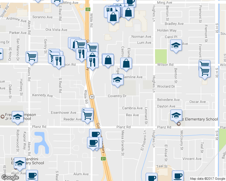 map of restaurants, bars, coffee shops, grocery stores, and more near 2801 Agate Street in Bakersfield