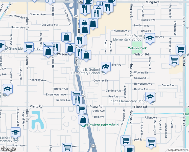 map of restaurants, bars, coffee shops, grocery stores, and more near 2801 Morin Court in Bakersfield