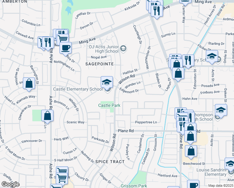 map of restaurants, bars, coffee shops, grocery stores, and more near in Bakersfield