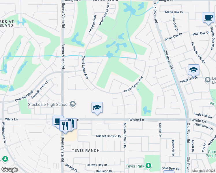 map of restaurants, bars, coffee shops, grocery stores, and more near 10610 Rycroft Way in Bakersfield