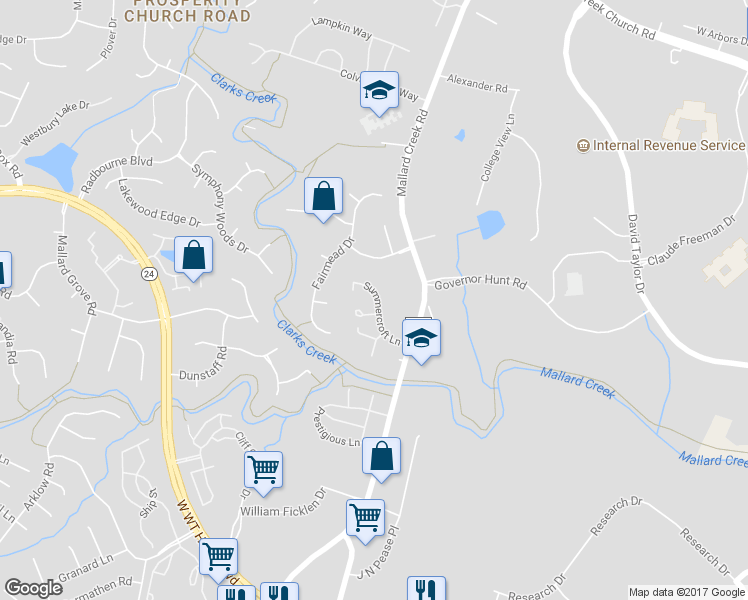 map of restaurants, bars, coffee shops, grocery stores, and more near 3272 Summercroft Lane in Charlotte