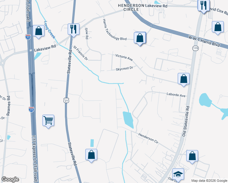 map of restaurants, bars, coffee shops, grocery stores, and more near 5408 Henderson Oaks Drive in Charlotte