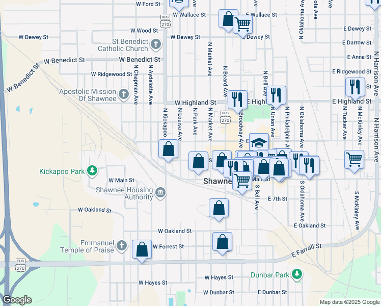 map of restaurants, bars, coffee shops, grocery stores, and more near 219 North Louisa Avenue in Shawnee