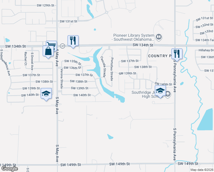 map of restaurants, bars, coffee shops, grocery stores, and more near 13901 Cascata Strada in Oklahoma City