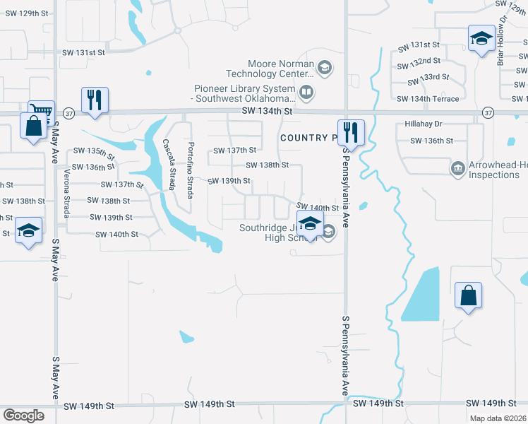 map of restaurants, bars, coffee shops, grocery stores, and more near 14108 Saw Mill Road in Oklahoma City
