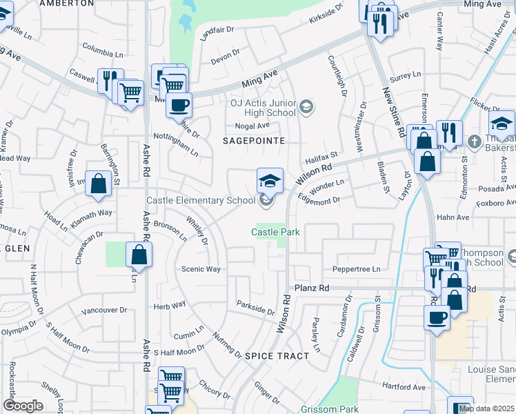 map of restaurants, bars, coffee shops, grocery stores, and more near 6001 Edgemont Drive in Bakersfield