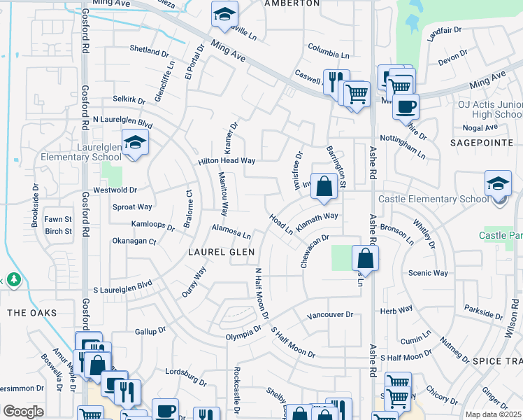 map of restaurants, bars, coffee shops, grocery stores, and more near 2707 Hoad Lane in Bakersfield