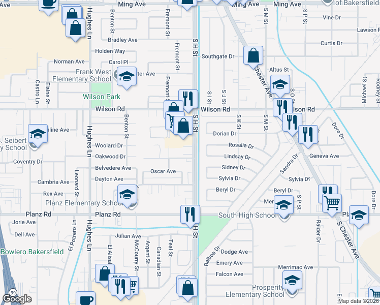 map of restaurants, bars, coffee shops, grocery stores, and more near 2801 South H Street in Bakersfield