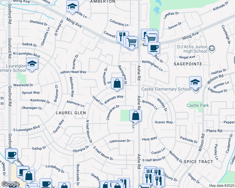 map of restaurants, bars, coffee shops, grocery stores, and more near 6713 Klamath Way in Bakersfield