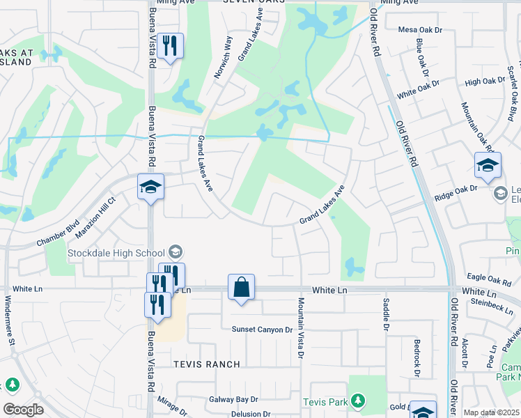 map of restaurants, bars, coffee shops, grocery stores, and more near 10610 Rycroft Way in Bakersfield