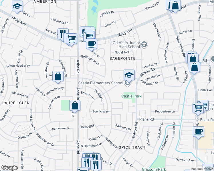 map of restaurants, bars, coffee shops, grocery stores, and more near 6117 Eastbourne Way in Bakersfield