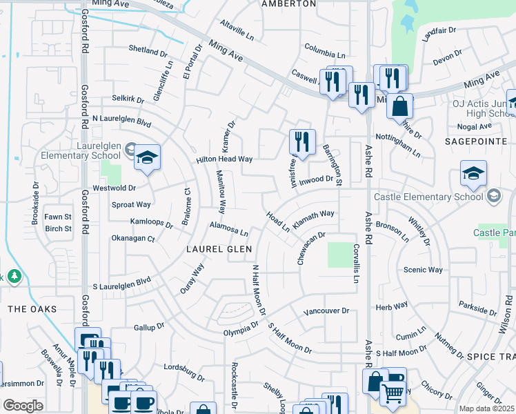 map of restaurants, bars, coffee shops, grocery stores, and more near 2707 Hoad Lane in Bakersfield