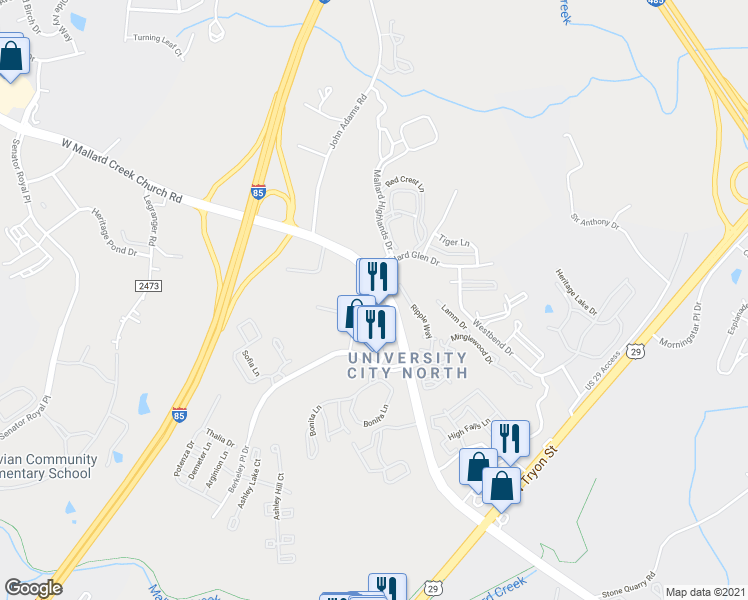 map of restaurants, bars, coffee shops, grocery stores, and more near 9545 Pinnacle Drive in Charlotte