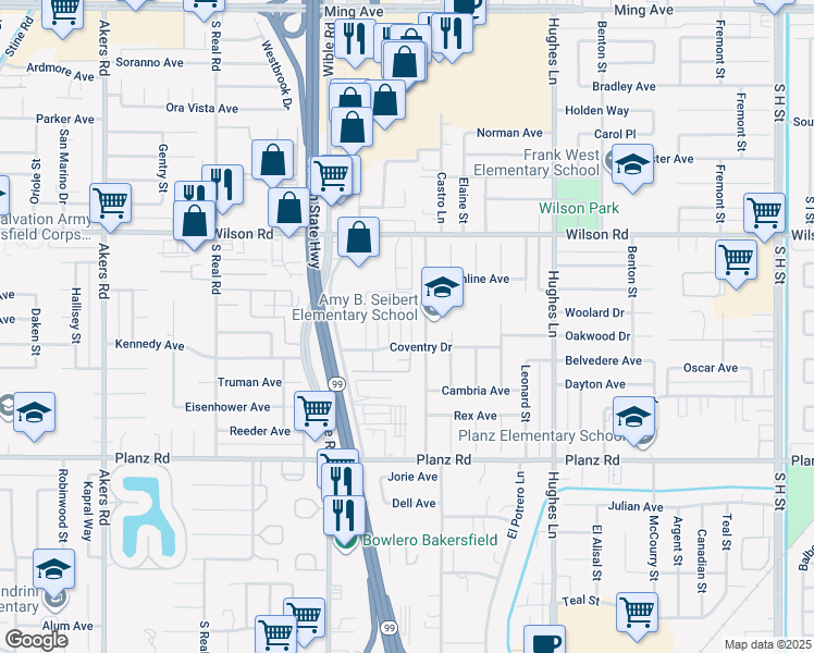 map of restaurants, bars, coffee shops, grocery stores, and more near 2801 Agate Street in Bakersfield