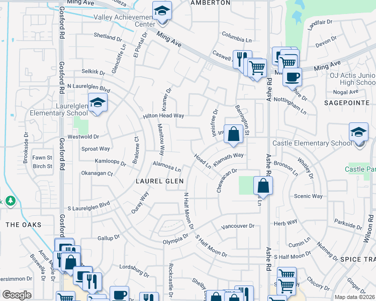 map of restaurants, bars, coffee shops, grocery stores, and more near 2707 Hoad Lane in Bakersfield