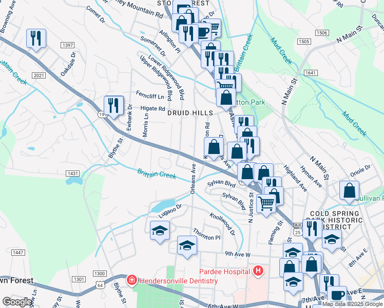 map of restaurants, bars, coffee shops, grocery stores, and more near 1503 Orleans Avenue in Hendersonville