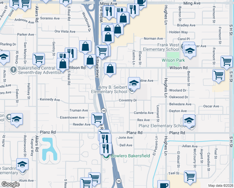 map of restaurants, bars, coffee shops, grocery stores, and more near 2804 Villalovos Court in Bakersfield