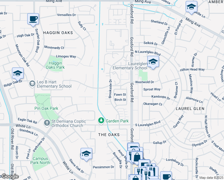 map of restaurants, bars, coffee shops, grocery stores, and more near 2801 Brookside Drive in Bakersfield