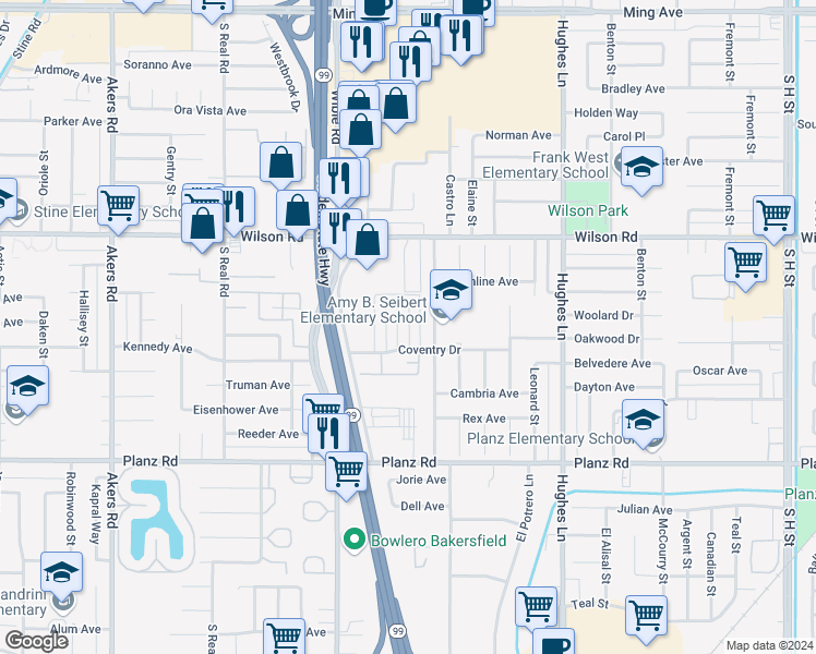 map of restaurants, bars, coffee shops, grocery stores, and more near 2801 Agate Street in Bakersfield