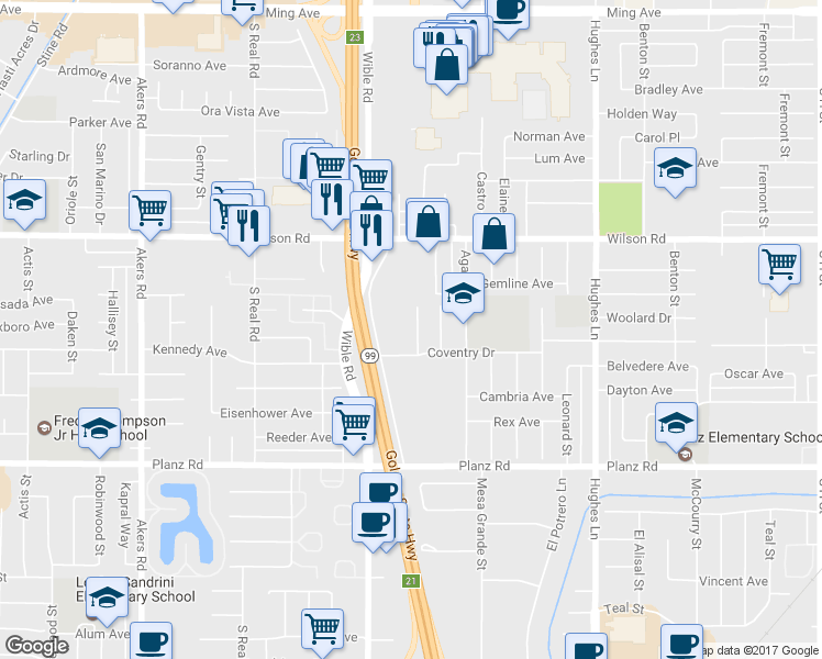 map of restaurants, bars, coffee shops, grocery stores, and more near 2716 Villalovos Court in Bakersfield