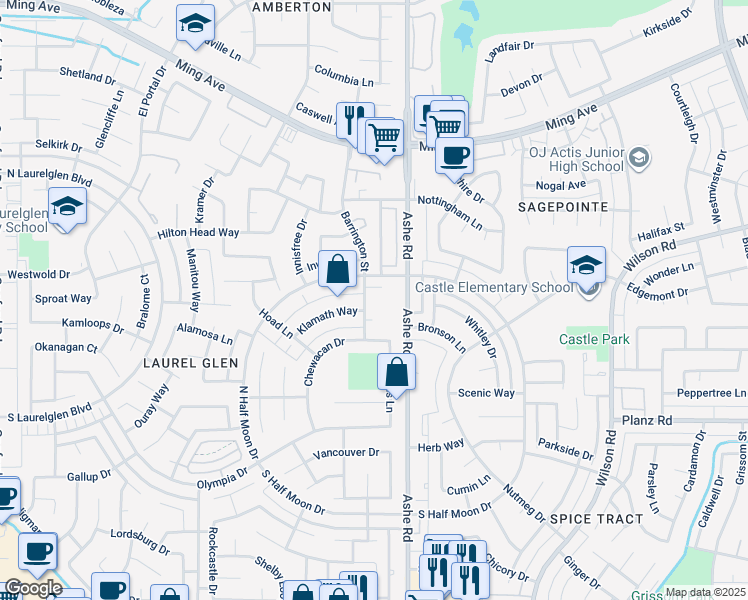 map of restaurants, bars, coffee shops, grocery stores, and more near 2800 Barrington Street in Bakersfield