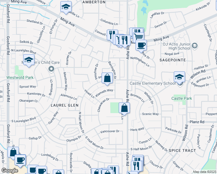 map of restaurants, bars, coffee shops, grocery stores, and more near 6713 Klamath Way in Bakersfield