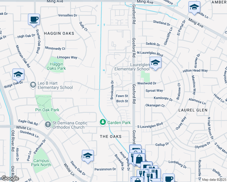 map of restaurants, bars, coffee shops, grocery stores, and more near 2801 Brookside Drive in Bakersfield