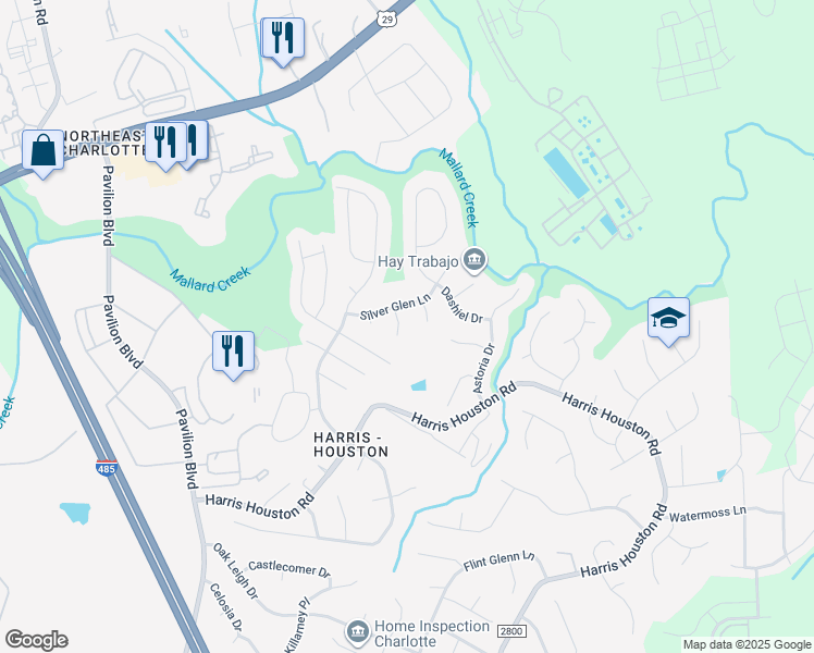 map of restaurants, bars, coffee shops, grocery stores, and more near 3323 Mortemer Lane in Charlotte