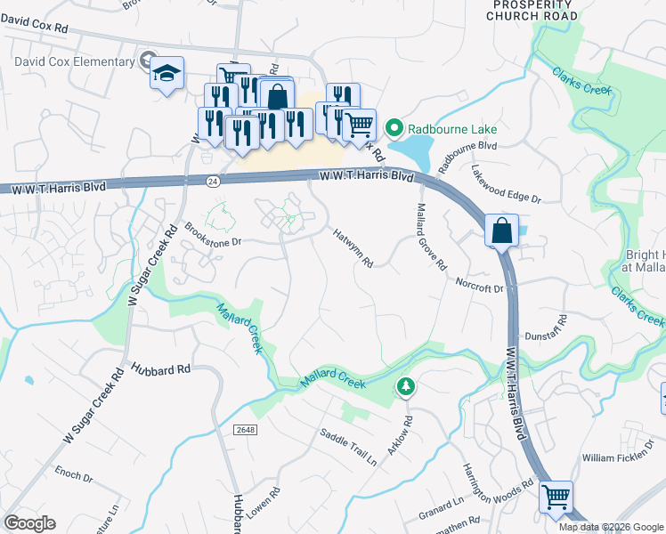 map of restaurants, bars, coffee shops, grocery stores, and more near 5925 Maylandia Road in Charlotte