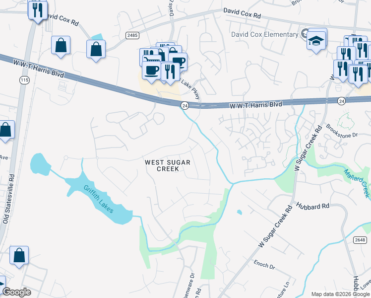 map of restaurants, bars, coffee shops, grocery stores, and more near 4591 Antelope Lane in Charlotte