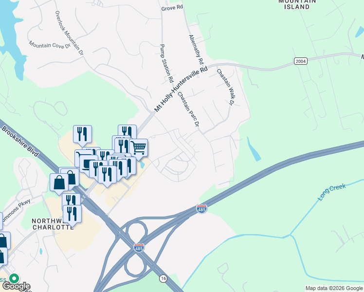 map of restaurants, bars, coffee shops, grocery stores, and more near 10776 Overlook Mountain Drive in Charlotte