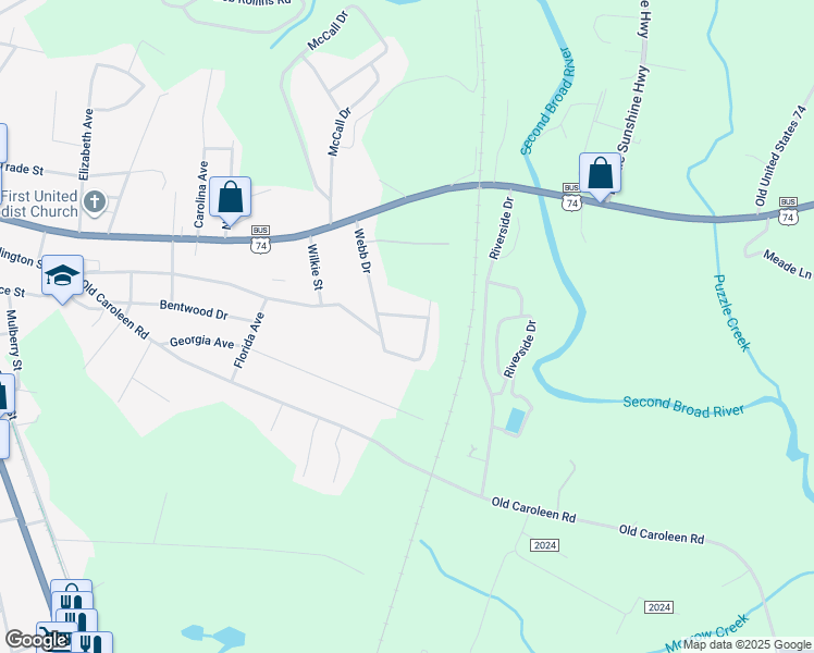 map of restaurants, bars, coffee shops, grocery stores, and more near 136 Windover Drive in Forest City