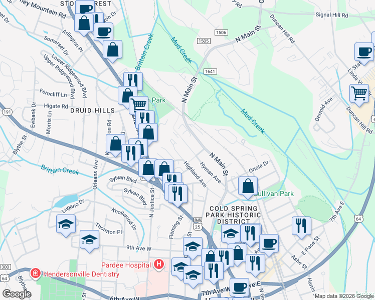 map of restaurants, bars, coffee shops, grocery stores, and more near 1311 Hyman Avenue in Hendersonville