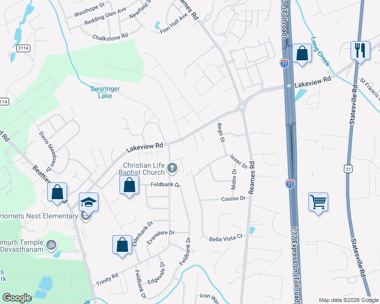 map of restaurants, bars, coffee shops, grocery stores, and more near 8416 Bella Vista Court in Charlotte