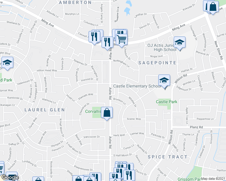 map of restaurants, bars, coffee shops, grocery stores, and more near 2800 Ashe Road in Bakersfield