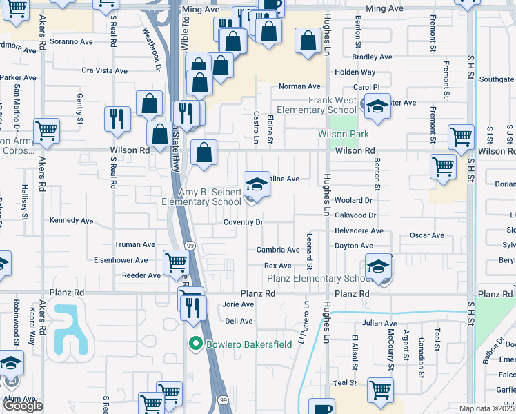 map of restaurants, bars, coffee shops, grocery stores, and more near 2800 Agate Street in Bakersfield