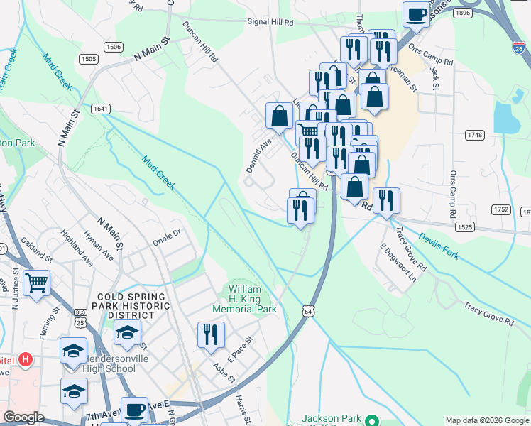 map of restaurants, bars, coffee shops, grocery stores, and more near 17 Kay Thomas Drive in Hendersonville