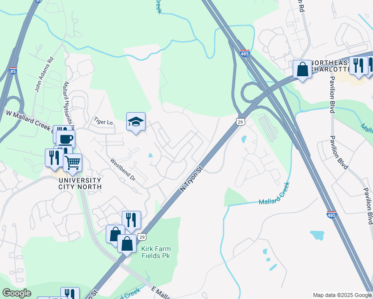 map of restaurants, bars, coffee shops, grocery stores, and more near 208 Northbend Drive in Charlotte