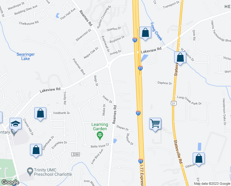 map of restaurants, bars, coffee shops, grocery stores, and more near 5203 Javitz Road in Charlotte