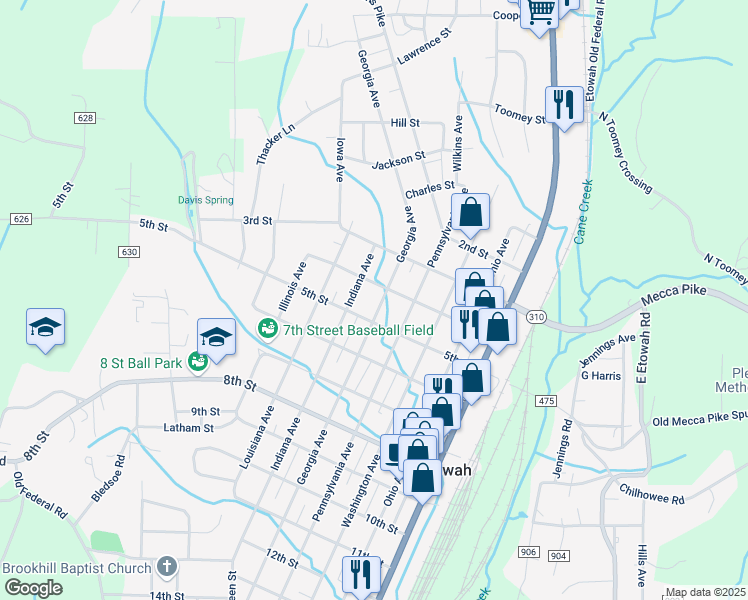 map of restaurants, bars, coffee shops, grocery stores, and more near 414 Georgia Avenue in Etowah