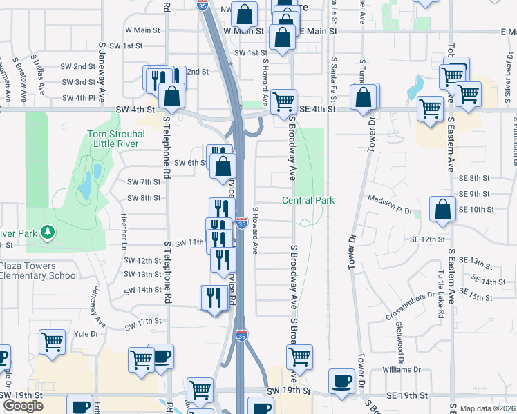 map of restaurants, bars, coffee shops, grocery stores, and more near 1001 South Howard Avenue in Moore
