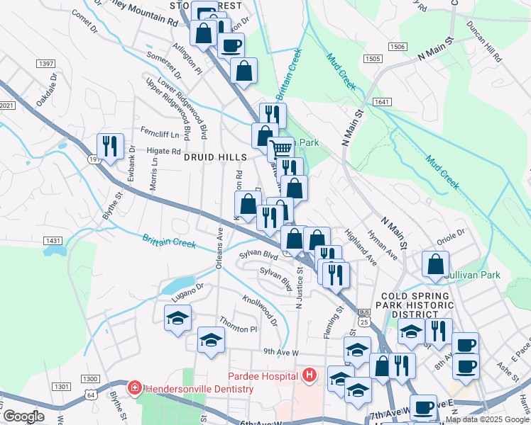 map of restaurants, bars, coffee shops, grocery stores, and more near 119 Ashwood Road in Hendersonville