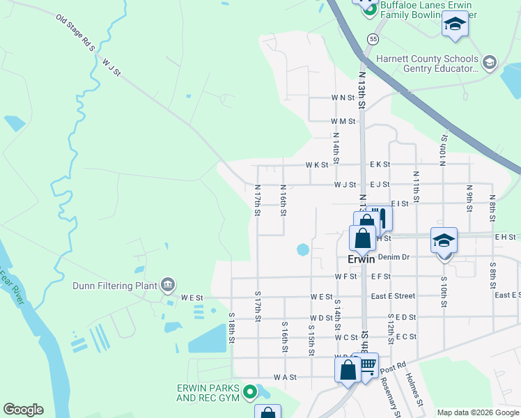 map of restaurants, bars, coffee shops, grocery stores, and more near 411 West I Street in Erwin